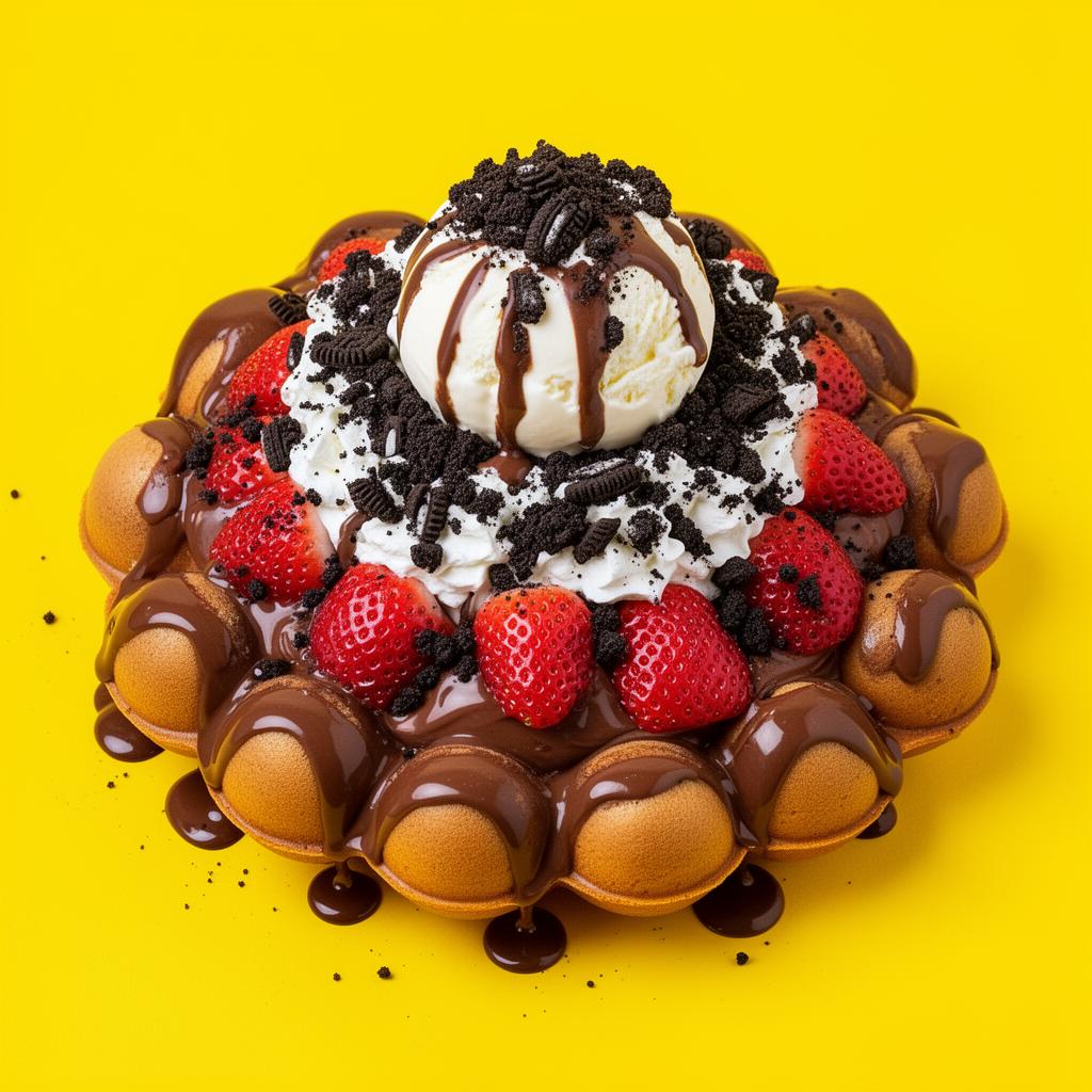 Bubble waffle with Nutella, strawberry, Oreo and ice cream